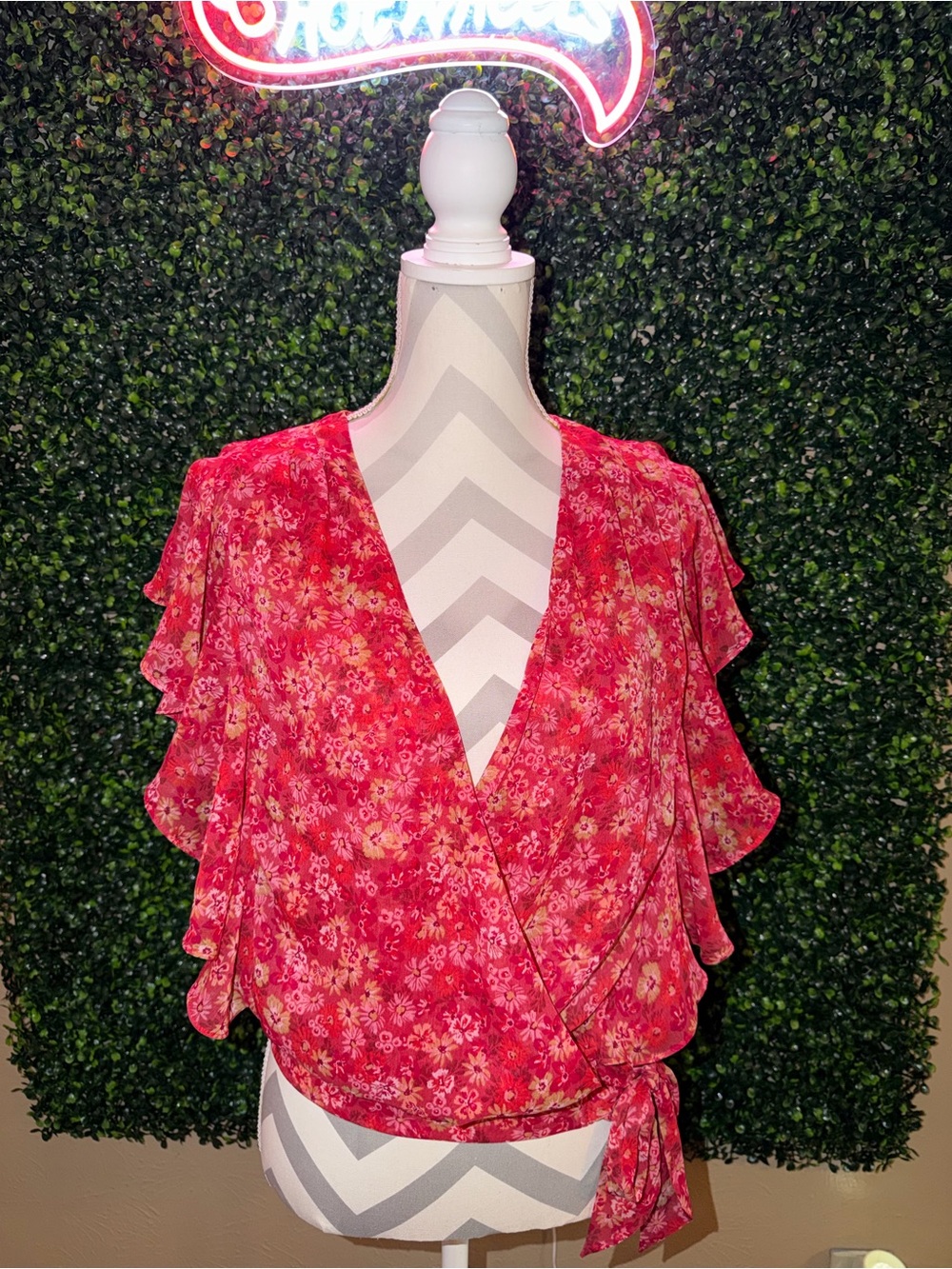 Liverpool Floral Wrap Blouse in Red and Coral